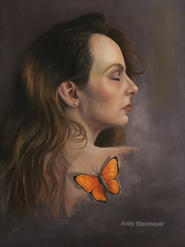 Butterfly on scapula, oil on canvas, Andy Steinbauer 2021