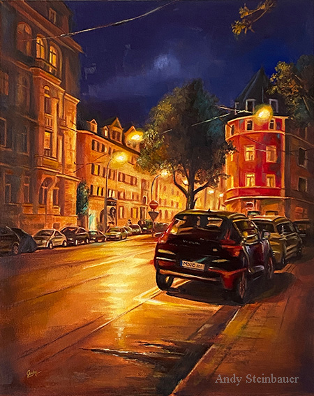 Nightscape Isamninger str., oil painting, Andrea Seinbauer