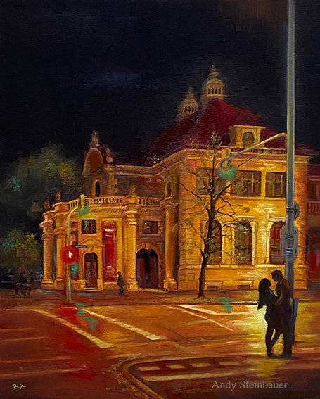 Nightscape National Museum, oil painting, by Andrea Steinbauer